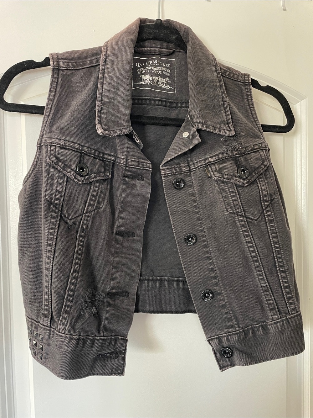 Levi's Washed Charcoal Denim Vest with Stud Details